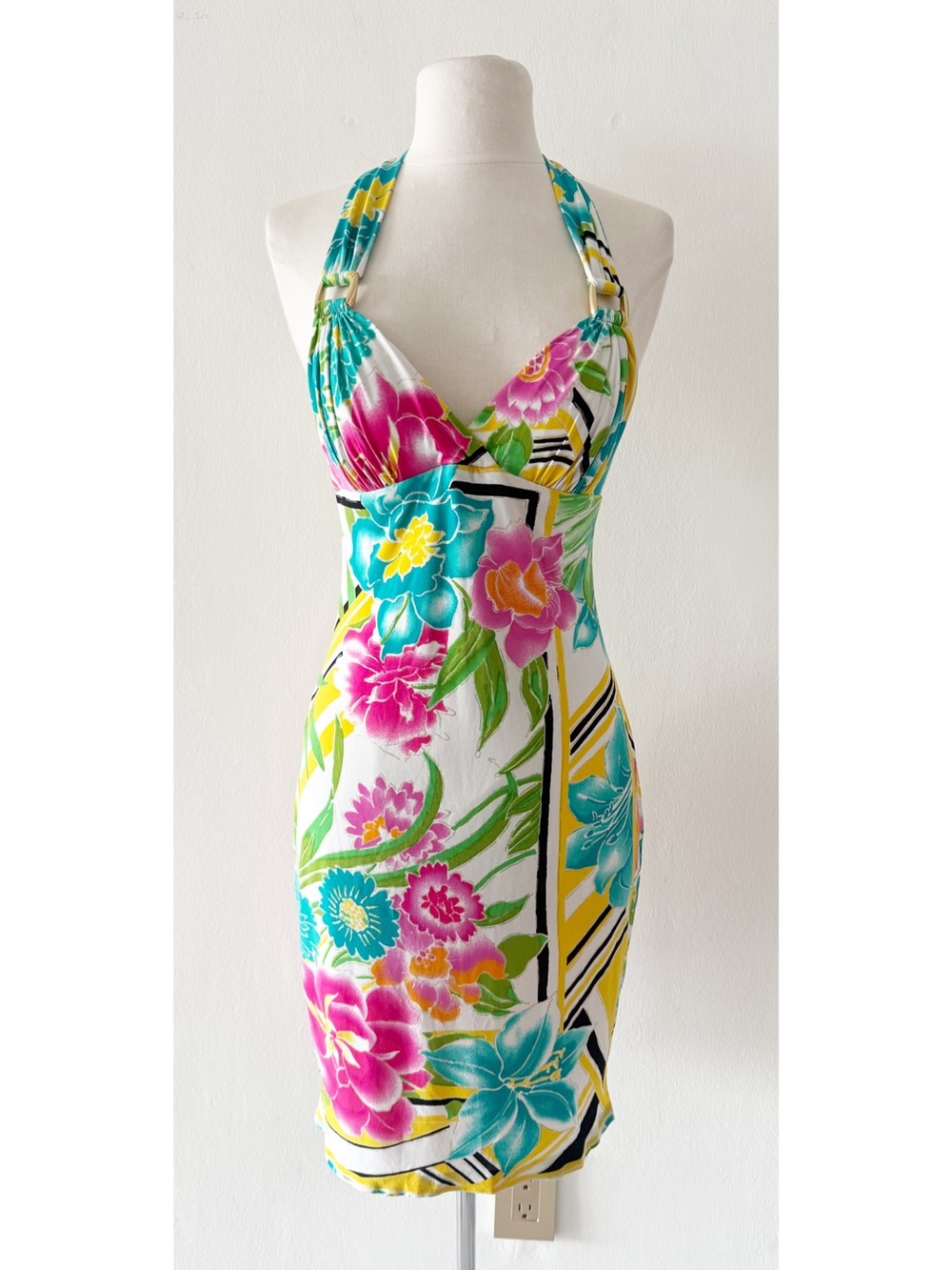 Vintage Cache Y2K Colorful Floral Tropical Halter Cocktail Party Dress Size 2